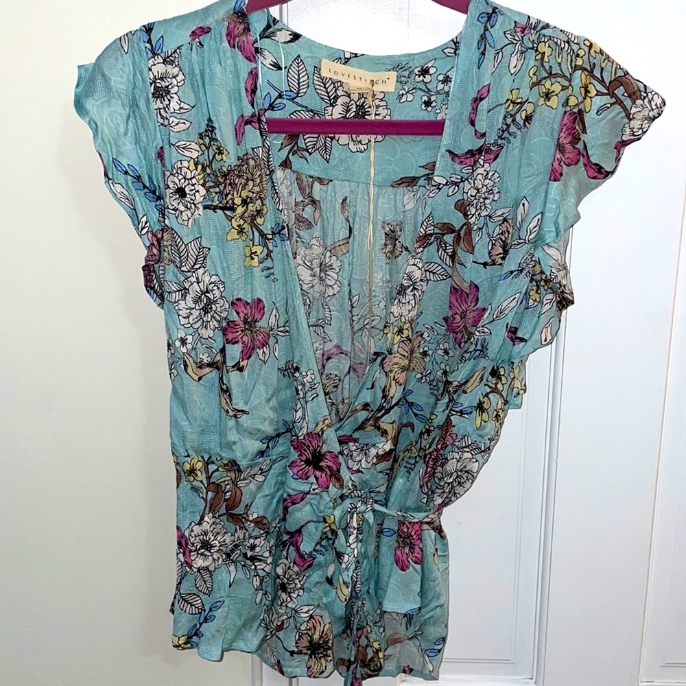 Love Stitch floral wrap top with flutter sleeve